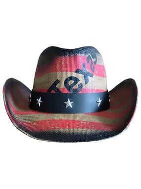 STRAW COWBOY HAT - Striped Flag Pattern with Texas Print (Adult Size)